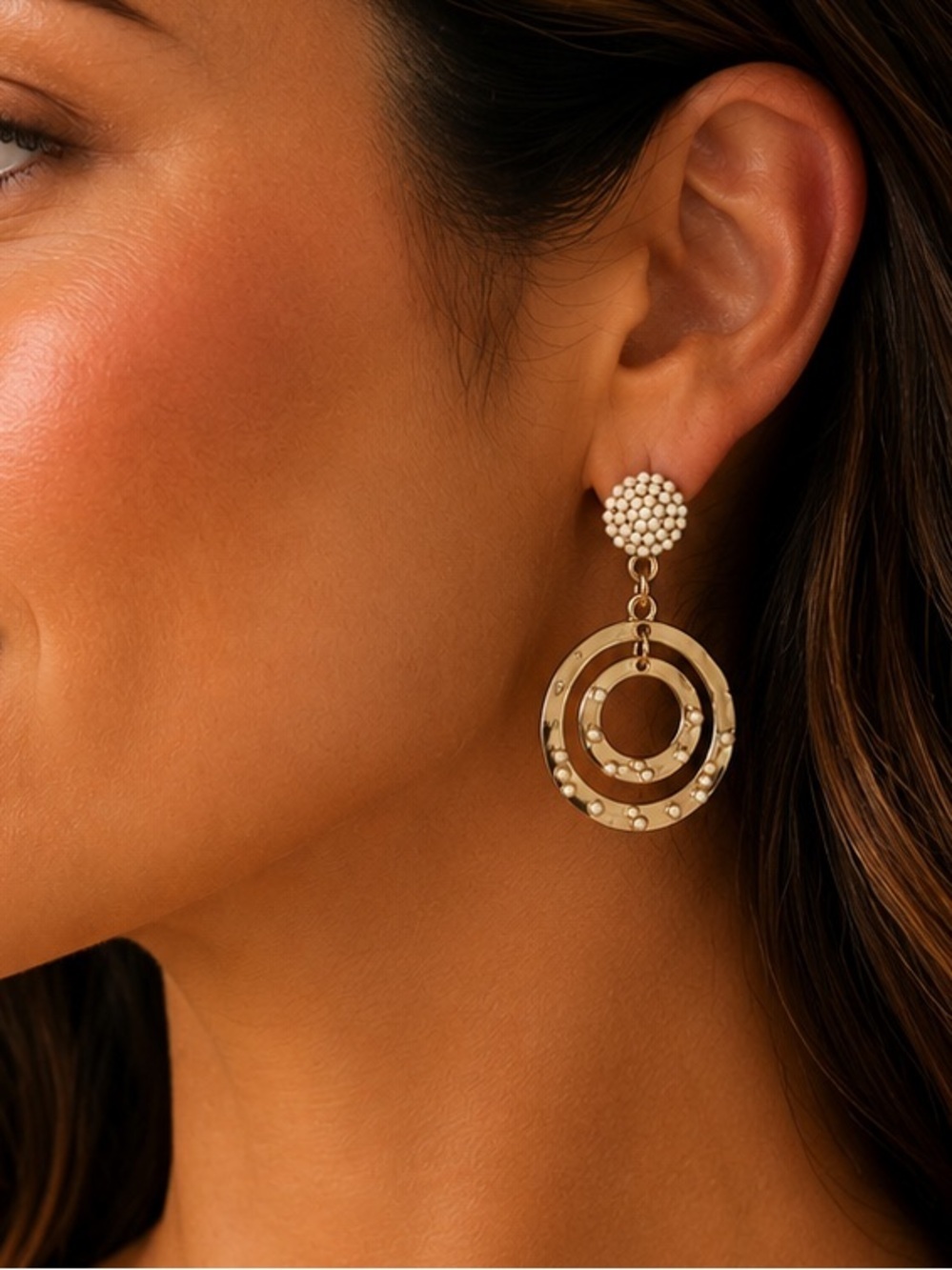 Gold Tone Double Circle Dangle Statement Earrings with Ivory Bead Accents